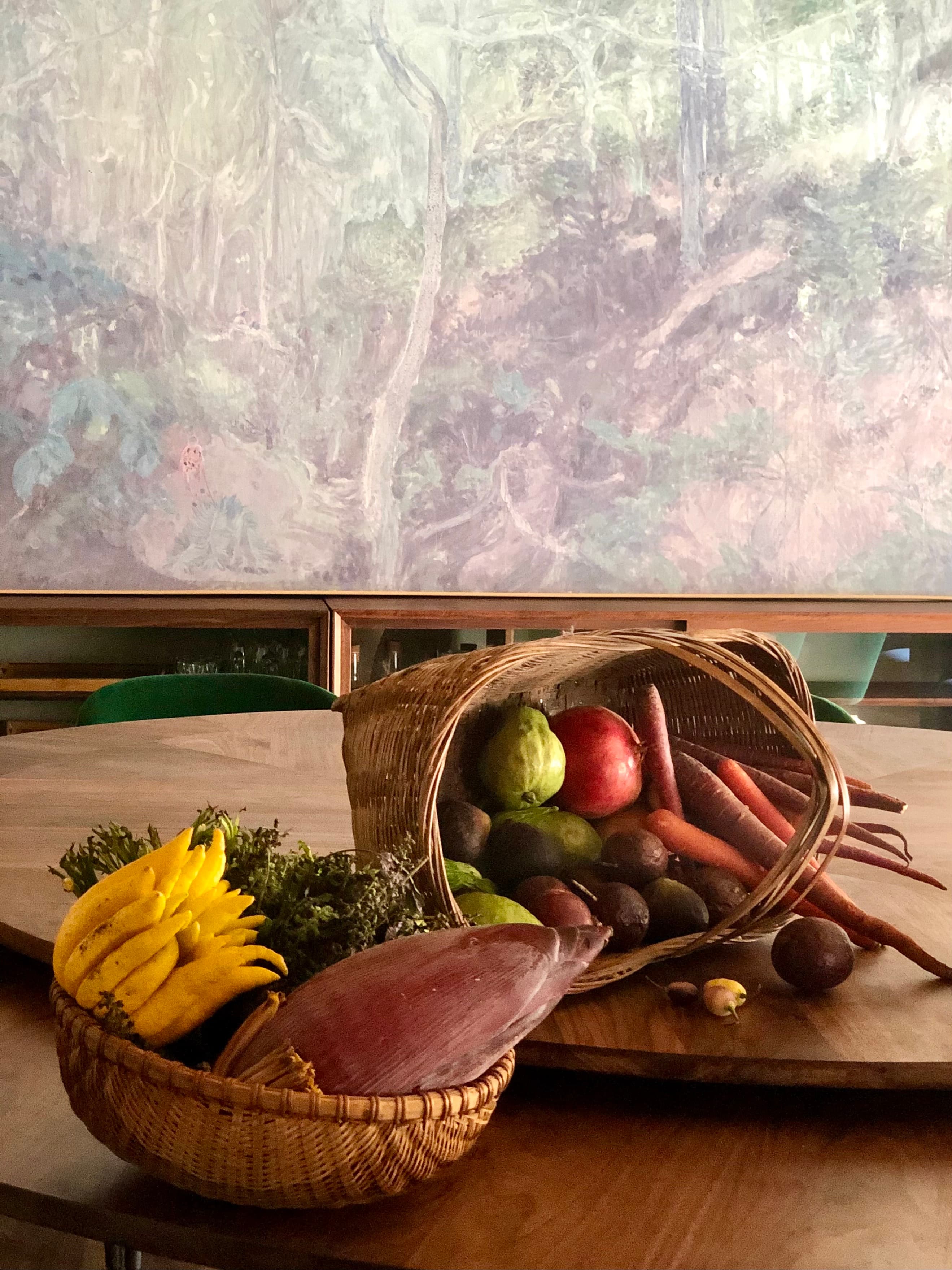 Seasonal Yunnan vegies, with Su Jia Xi's painting as a backgrop in the dining room